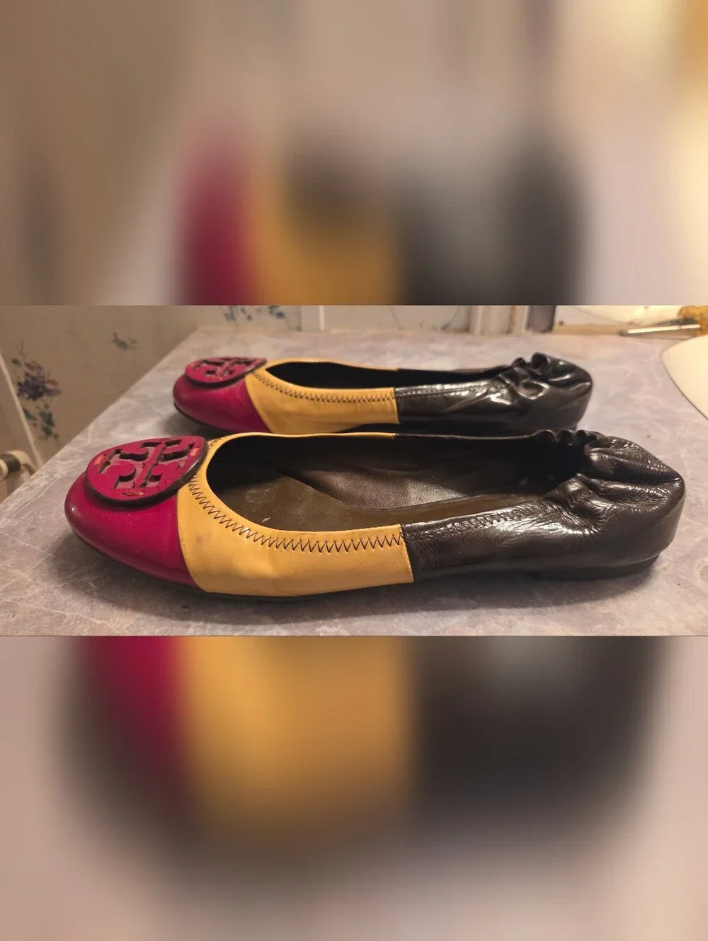 Tory Burch Red, Yellow And Brown Patent Leather Ballet Flats